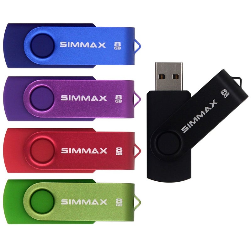SIMMAX 5Pcs 8GB USB Flash Drive USB 2.0 Flash Drive Memory Stick Fold Storage Thumb Stick Pen Swivel Design(Five Mixed Colors: Black Blue Green Purple Red)(Mix Color1) - Image 1